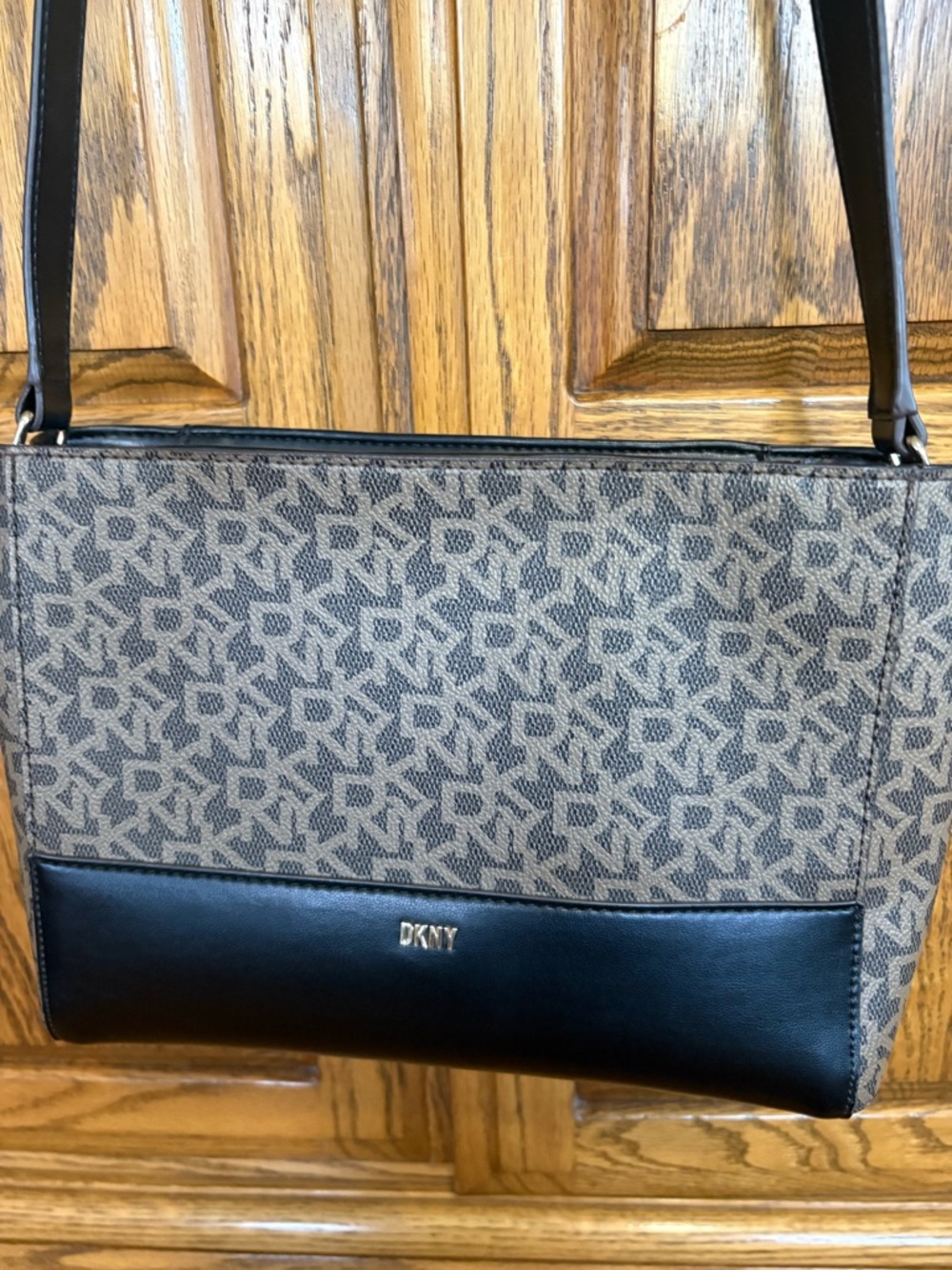 DKNY Brown Logo Shoulder Bag with Black Leather Trim and Gold Logo